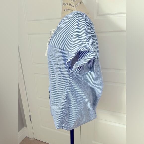 Theory blue striped cotton tie front short sleeve blouse top size medium button - Picture 6 of 10